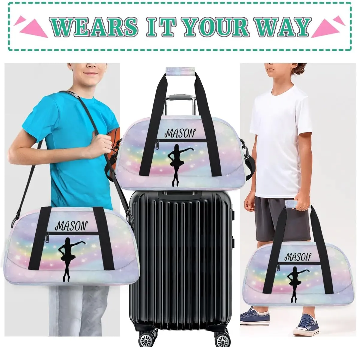Personalized Dance Bag Gym Bag with Name for Women, Custom Sport Duffel Bag Overnight Weekender Bags Travel Duffel Bag with Dancing Silhouette, Romantic Rainbow Glitter