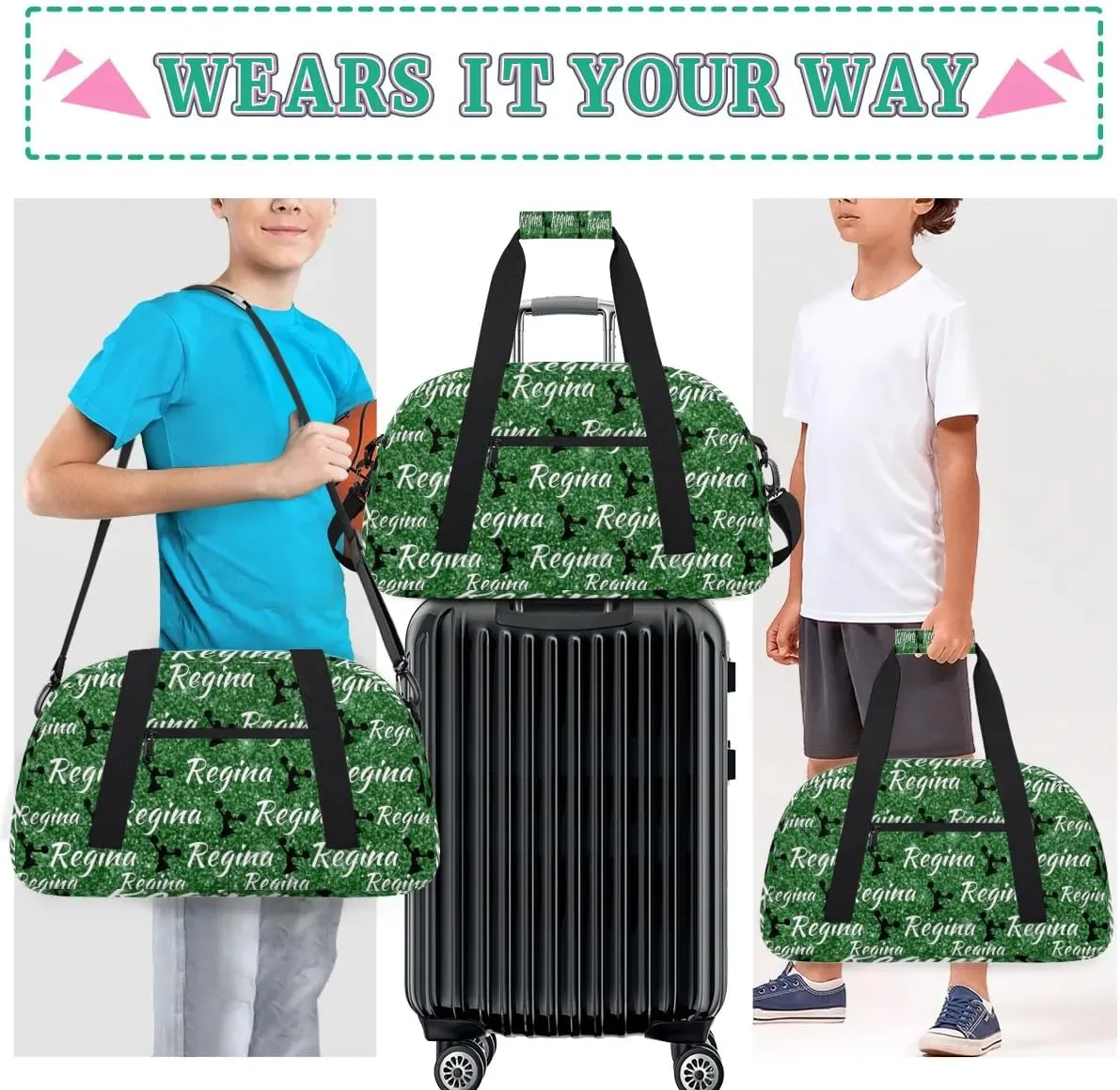 Personalized Dance Duffel Bags Custom Cheer Bag with Name for Sport Events Cheerleader Bag Customized Travel Gym Bag Overnight Weekender Carry-on Bag, Grass Green Glitter