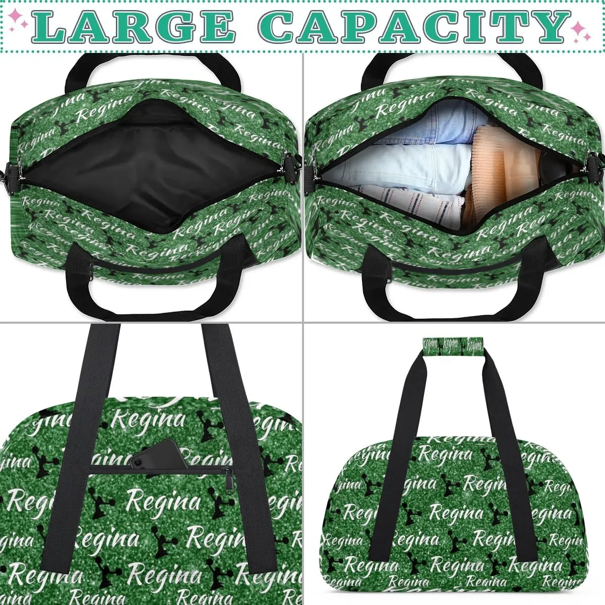Personalized Dance Duffel Bags Custom Cheer Bag with Name for Sport Events Cheerleader Bag Customized Travel Gym Bag Overnight Weekender Carry-on Bag, Grass Green Glitter