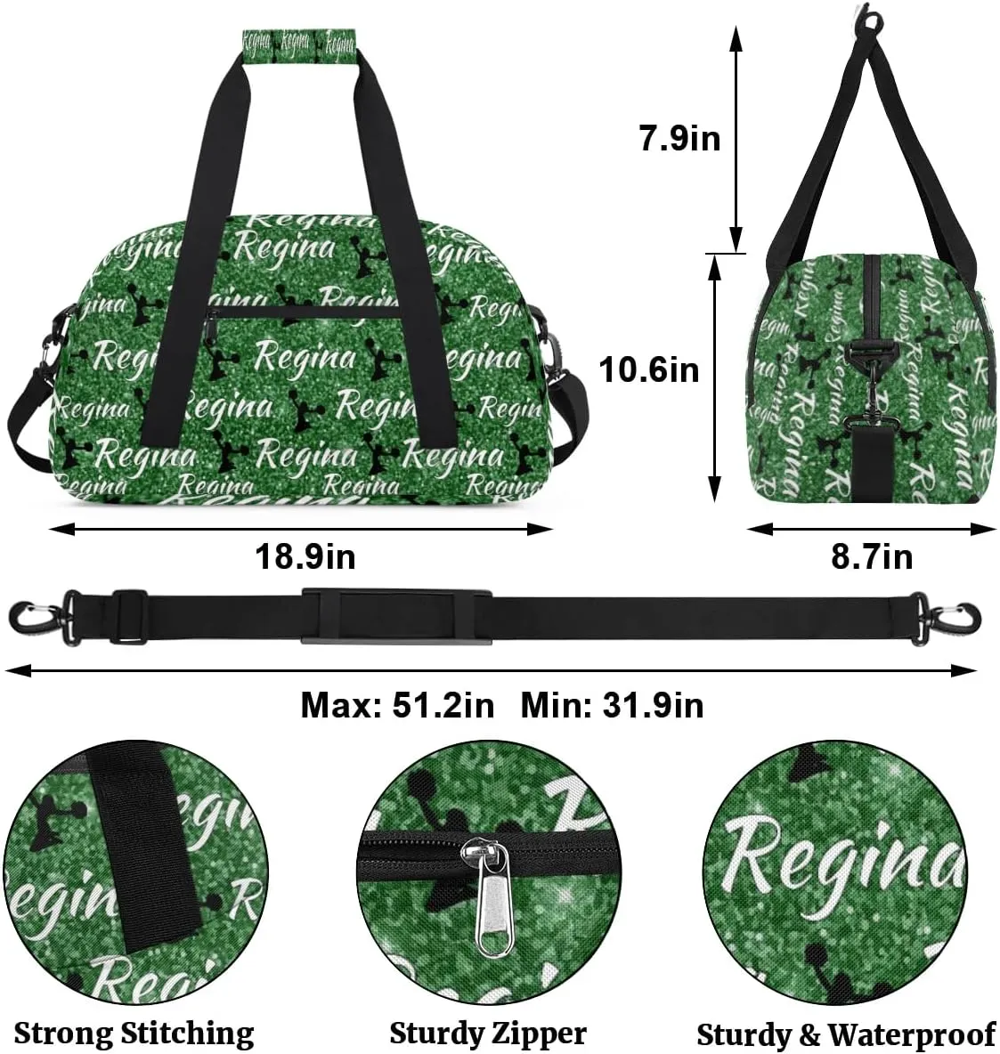 Personalized Dance Duffel Bags Custom Cheer Bag with Name for Sport Events Cheerleader Bag Customized Travel Gym Bag Overnight Weekender Carry-on Bag, Grass Green Glitter