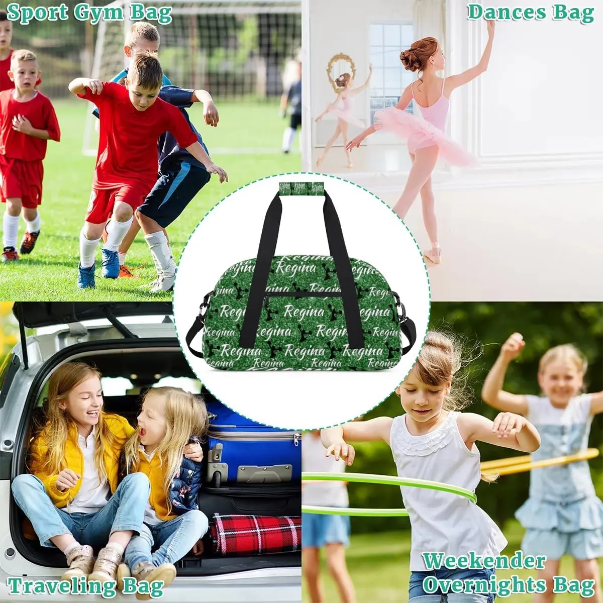 Personalized Dance Duffel Bags Custom Cheer Bag with Name for Sport Events Cheerleader Bag Customized Travel Gym Bag Overnight Weekender Carry-on Bag, Grass Green Glitter