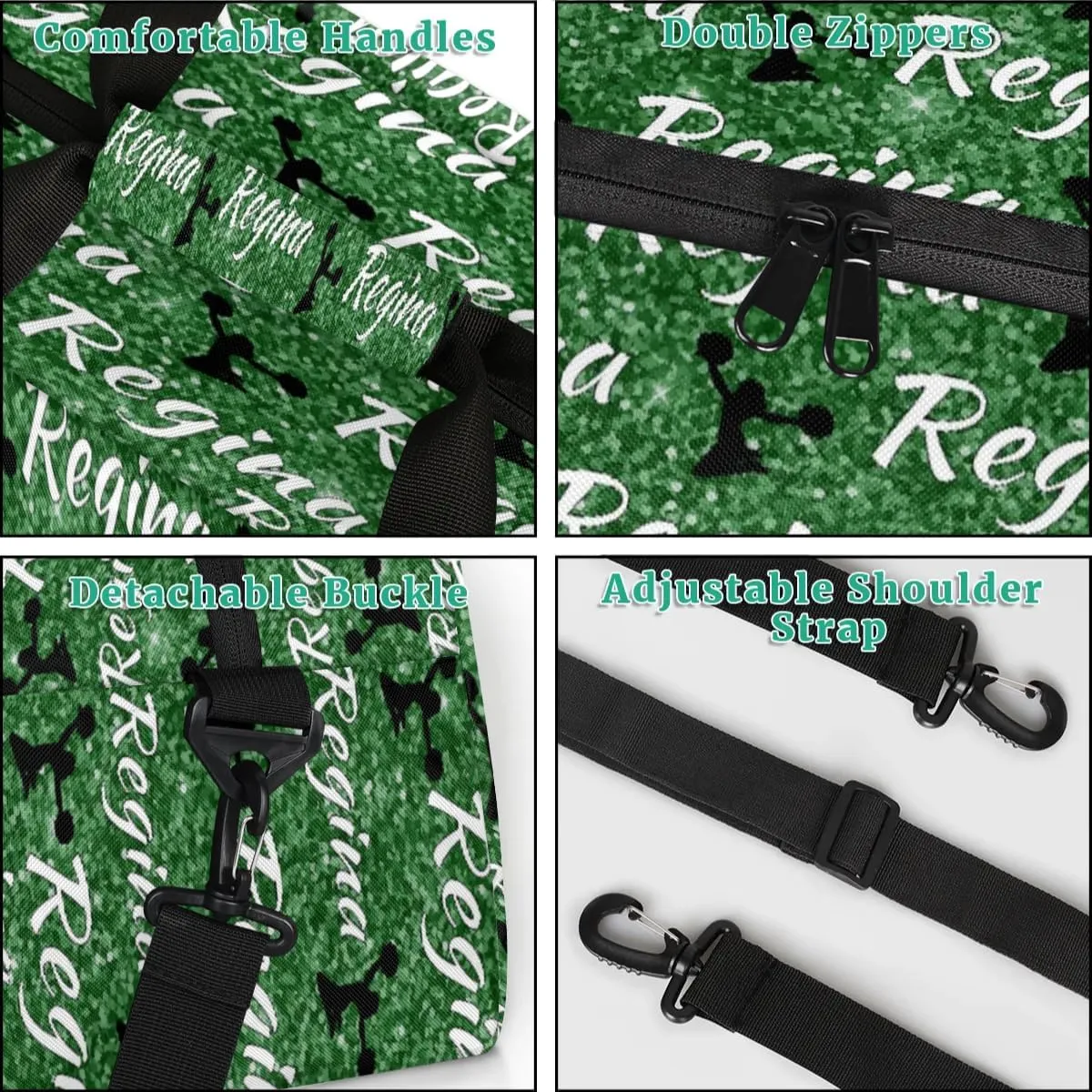 Personalized Dance Duffel Bags Custom Cheer Bag with Name for Sport Events Cheerleader Bag Customized Travel Gym Bag Overnight Weekender Carry-on Bag, Grass Green Glitter