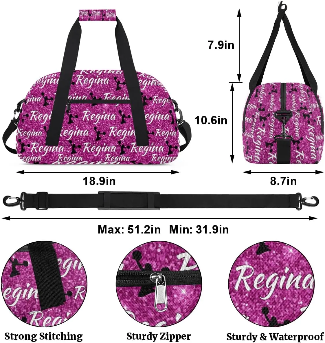 Personalized Dance Duffel Bags Custom Cheer Bag with Name for Sport Events Cheerleader Bag Customized Travel Gym Bag Overnight Weekender Carry-on Bag, Magenta Glitter