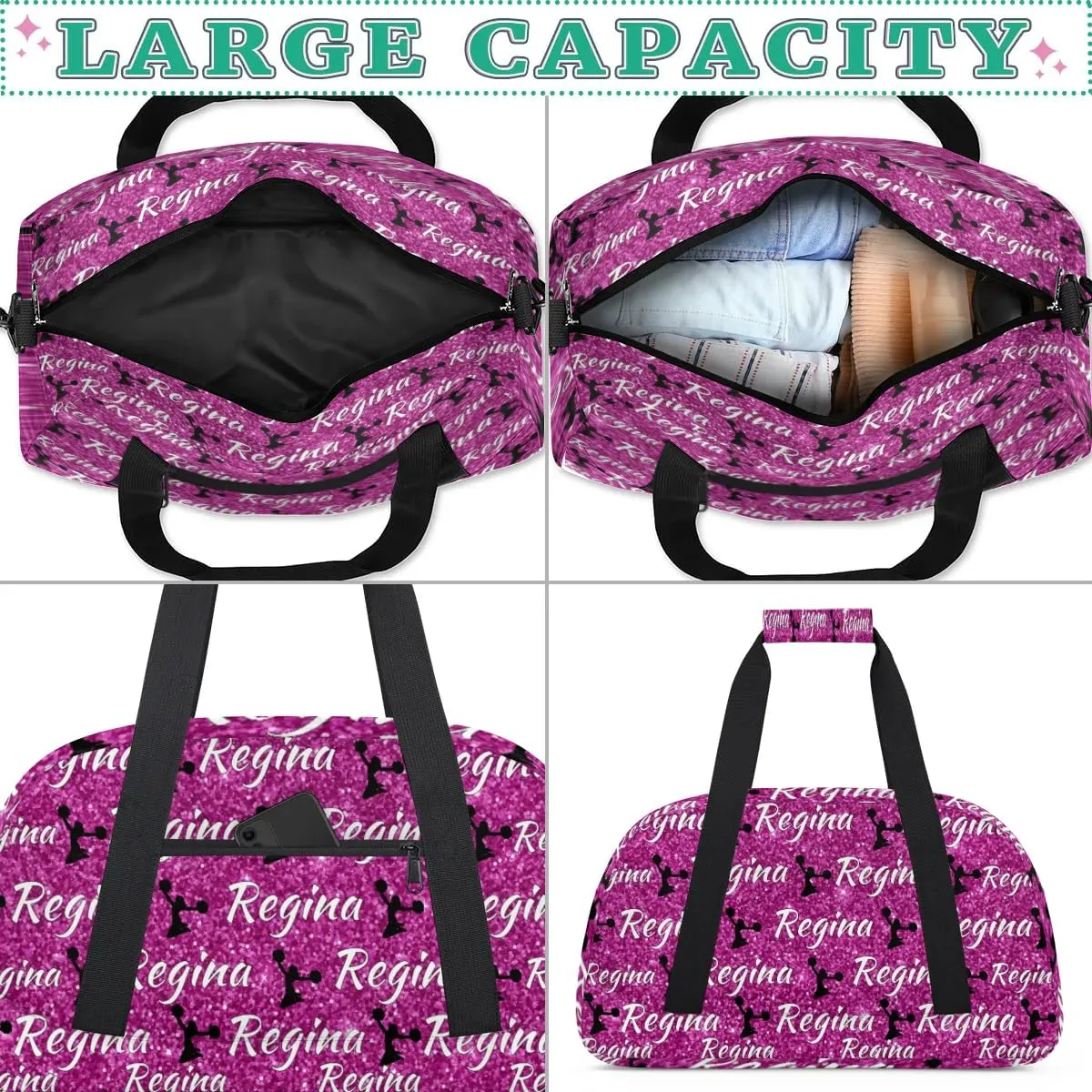 Personalized Dance Duffel Bags Custom Cheer Bag with Name for Sport Events Cheerleader Bag Customized Travel Gym Bag Overnight Weekender Carry-on Bag, Magenta Glitter
