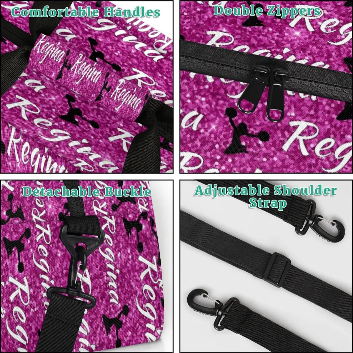 Personalized Dance Duffel Bags Custom Cheer Bag with Name for Sport Events Cheerleader Bag Customized Travel Gym Bag Overnight Weekender Carry-on Bag, Magenta Glitter