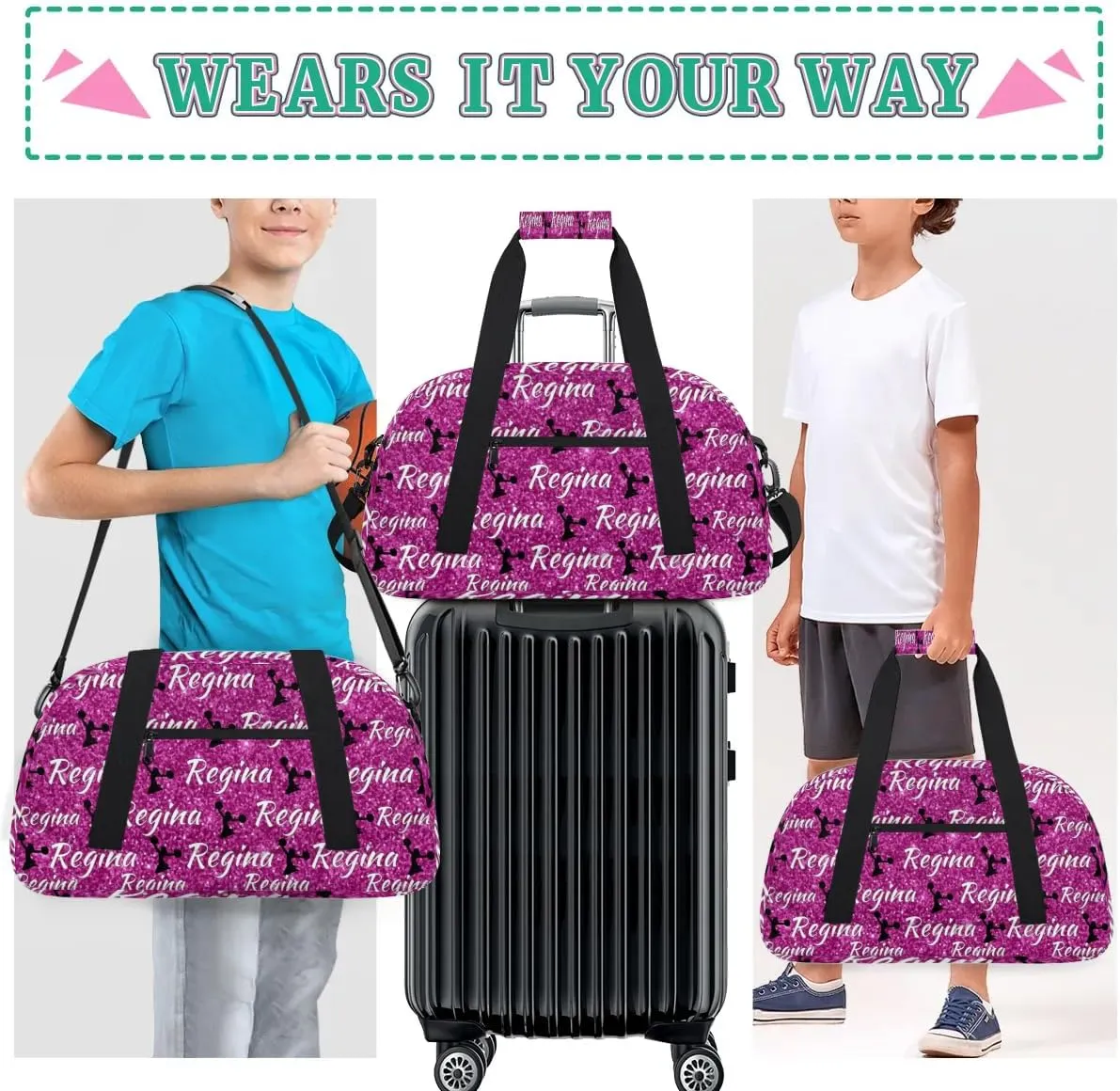Personalized Dance Duffel Bags Custom Cheer Bag with Name for Sport Events Cheerleader Bag Customized Travel Gym Bag Overnight Weekender Carry-on Bag, Magenta Glitter