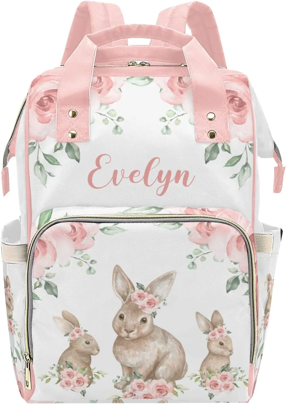 Personalized Diaper Bag Backpack Tote,Floral Bunny Rabbit,Custom Diaper Bags for Shower Gift