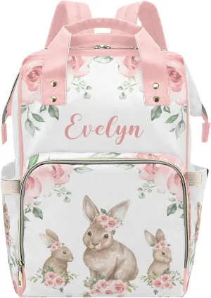 Personalized Diaper Bag Backpack Tote,Floral Bunny Rabbit,Custom Diaper Bags for Shower Gift