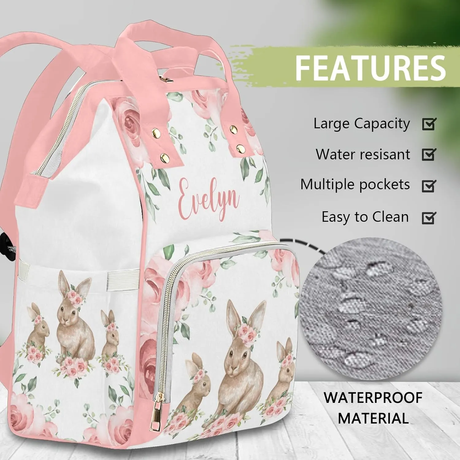 Personalized Diaper Bag Backpack Tote,Floral Bunny Rabbit,Custom Diaper Bags for Shower Gift