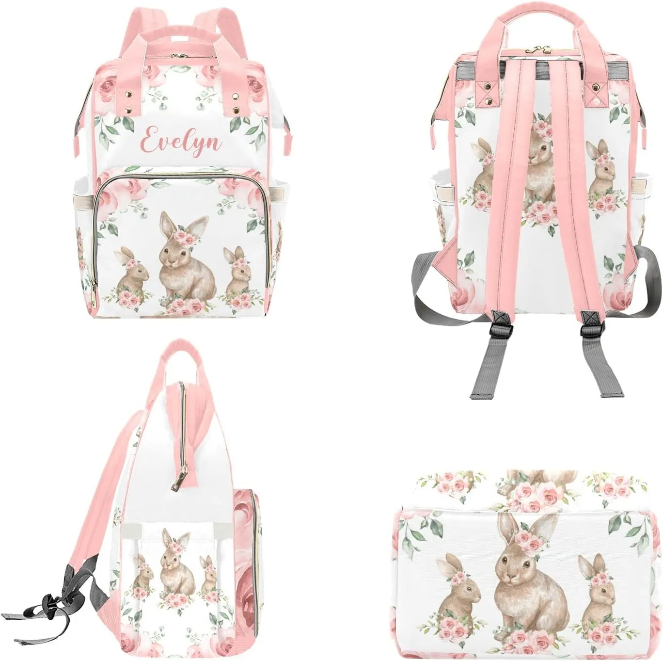 Personalized Diaper Bag Backpack Tote,Floral Bunny Rabbit,Custom Diaper Bags for Shower Gift