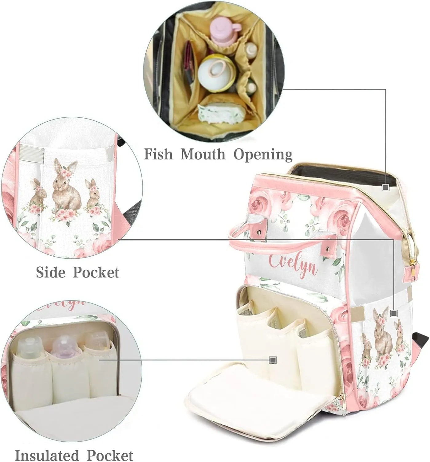 Personalized Diaper Bag Backpack Tote,Floral Bunny Rabbit,Custom Diaper Bags for Shower Gift