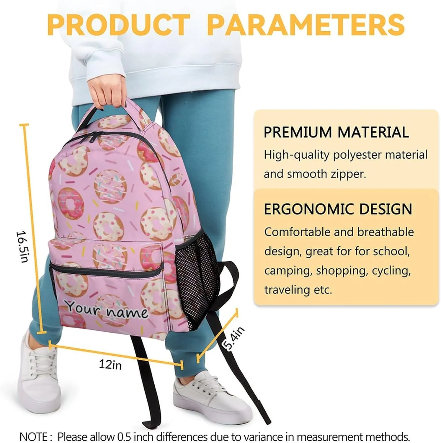 Personalized Donut Backpacks for Girls - 16 Inch Cute Backpack for School - Pink, Large Capacity, Durable, Lightweight Bookbag for Kids Travel