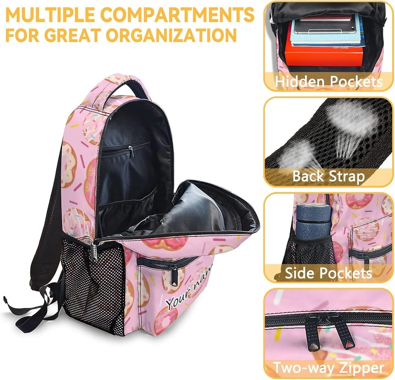 Personalized Donut Backpacks for Girls - 16 Inch Cute Backpack for School - Pink, Large Capacity, Durable, Lightweight Bookbag for Kids Travel