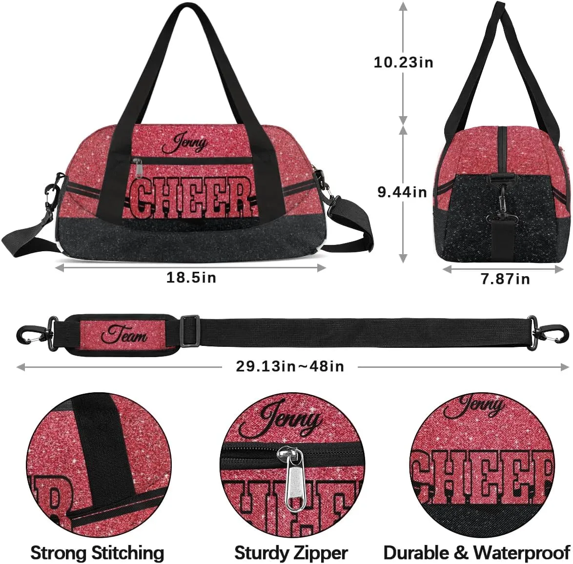 Personalized Glitter Cheer Bag Girls,Foldable Kids Duffel Bag Sports Bag Gym Custom Team Gift Weekender Bags Overnight Travel Lightweight Gymnastics Bag,Red