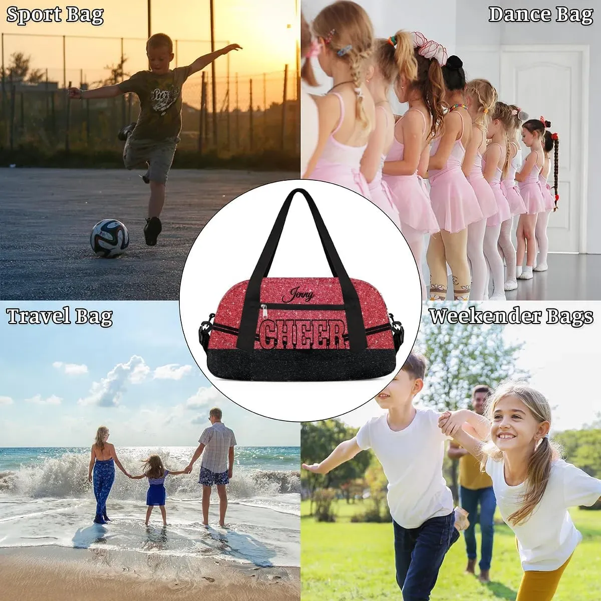 Personalized Glitter Cheer Bag Girls,Foldable Kids Duffel Bag Sports Bag Gym Custom Team Gift Weekender Bags Overnight Travel Lightweight Gymnastics Bag,Red