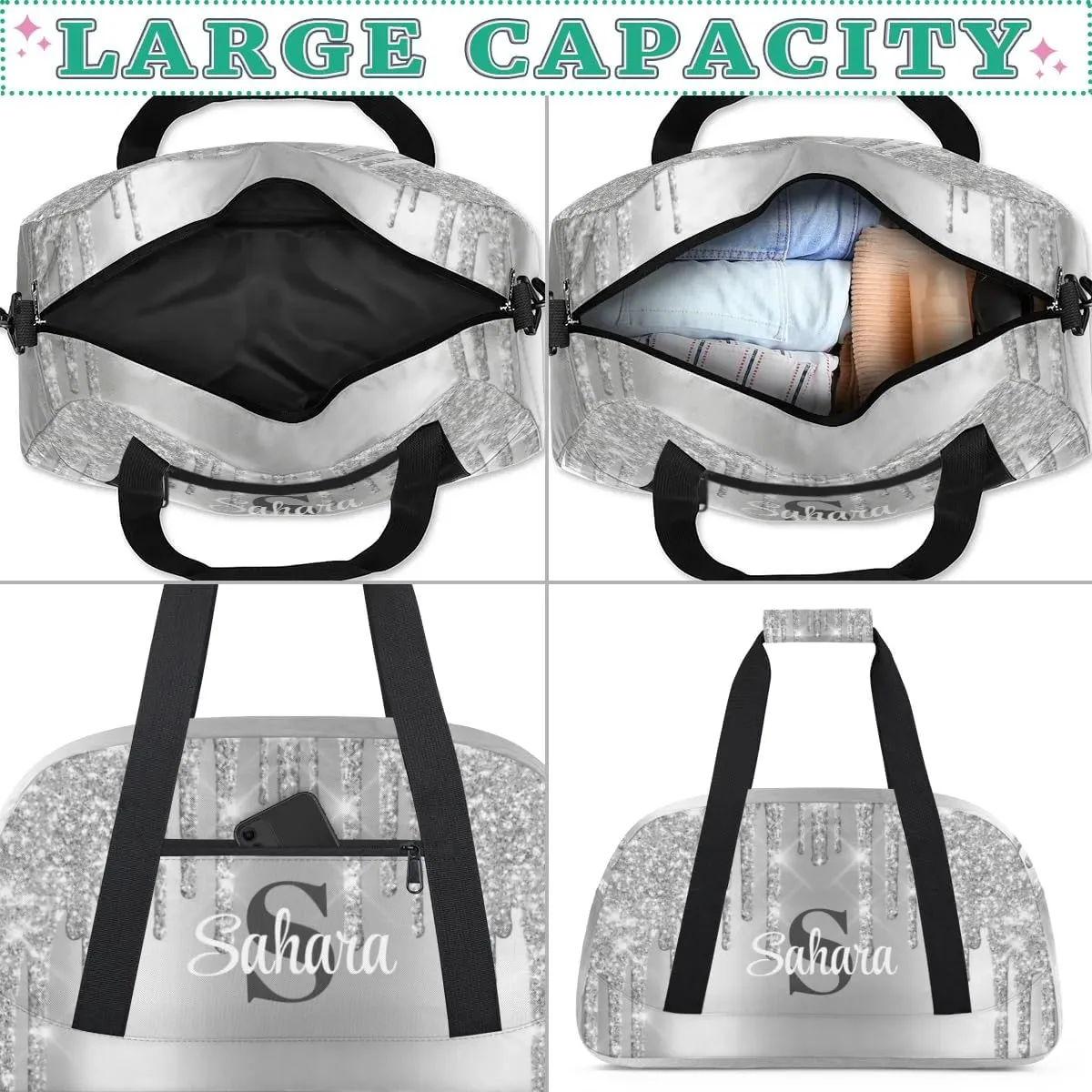 Personalized Glitter Dance Bag Duffel Bag for Girl, Custom Gym Bag Sport Duffel Bag, Ballet Bag Cheerleader Weekender Bags Travel Bag for Kids Sliver Glitter