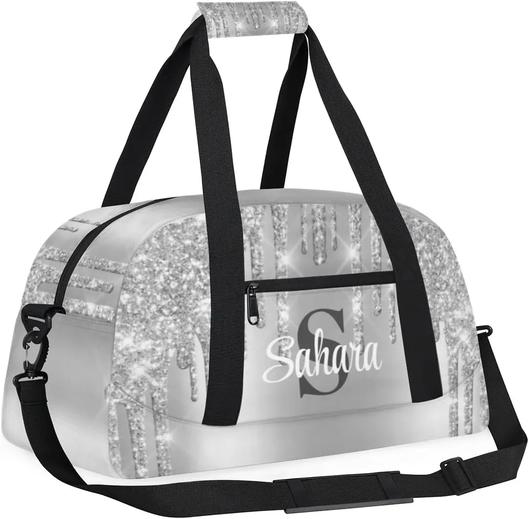 Personalized Glitter Dance Bag Duffel Bag for Girl, Custom Gym Bag Sport Duffel Bag, Ballet Bag Cheerleader Weekender Bags Travel Bag for Kids Sliver Glitter