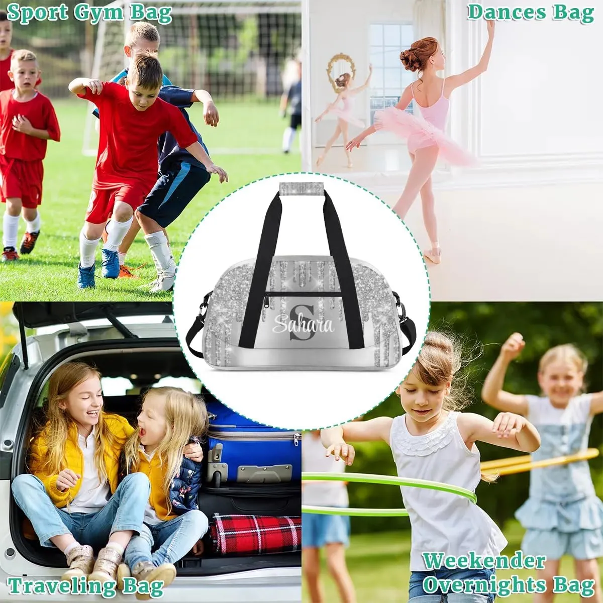 Personalized Glitter Dance Bag Duffel Bag for Girl, Custom Gym Bag Sport Duffel Bag, Ballet Bag Cheerleader Weekender Bags Travel Bag for Kids Sliver Glitter