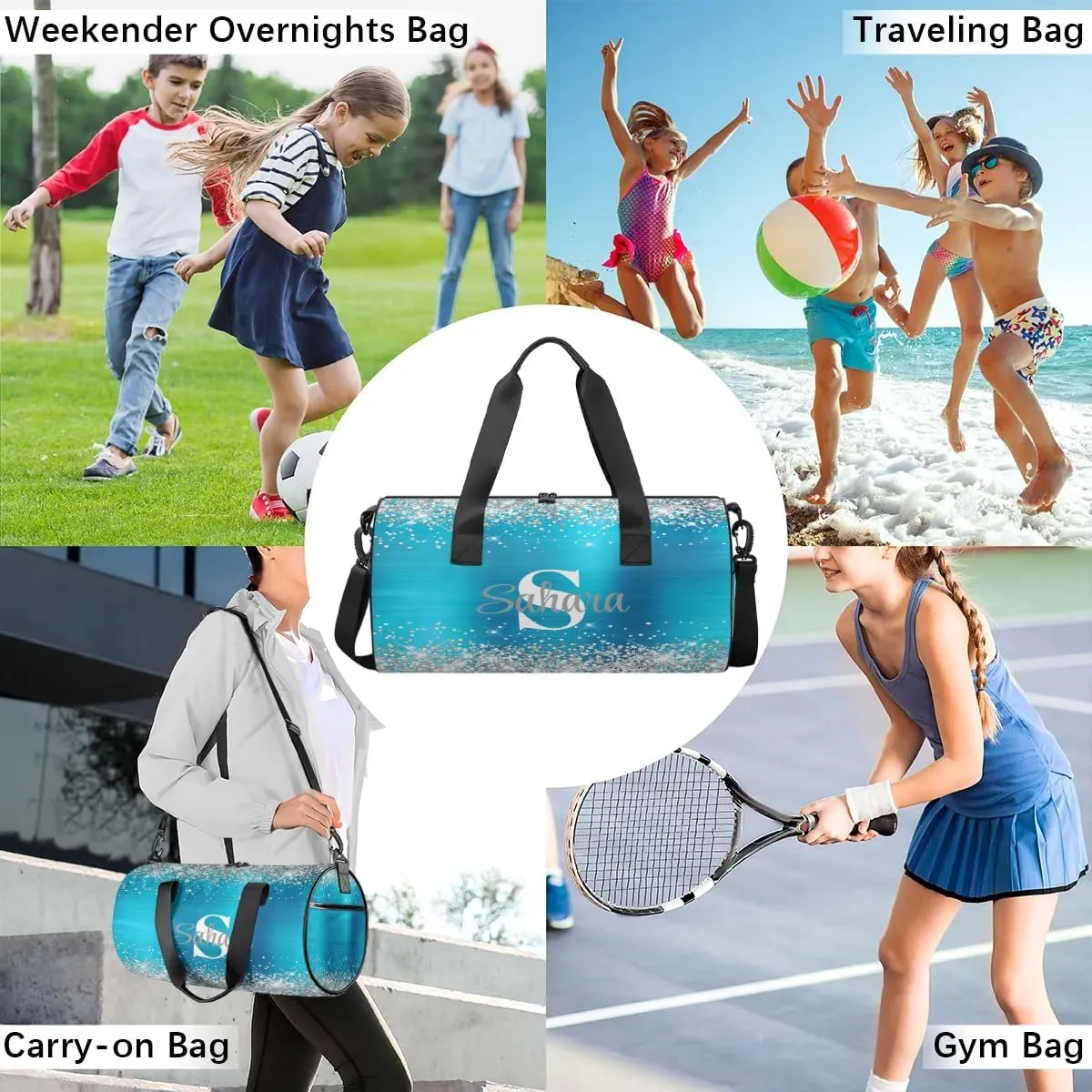 Personalized Glitter Dance Bag Duffle Bag for Girl, Custom Gymnastics Cheerleader Bag Travel Bag Sport Gym Bag Weekender Bags with Adjustable Silver Glitter Light Blue