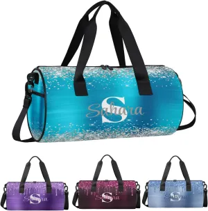Personalized Glitter Dance Bag Duffle Bag for Girl, Custom Gymnastics Cheerleader Bag Travel Bag Sport Gym Bag Weekender Bags with Adjustable Silver Glitter Light Blue