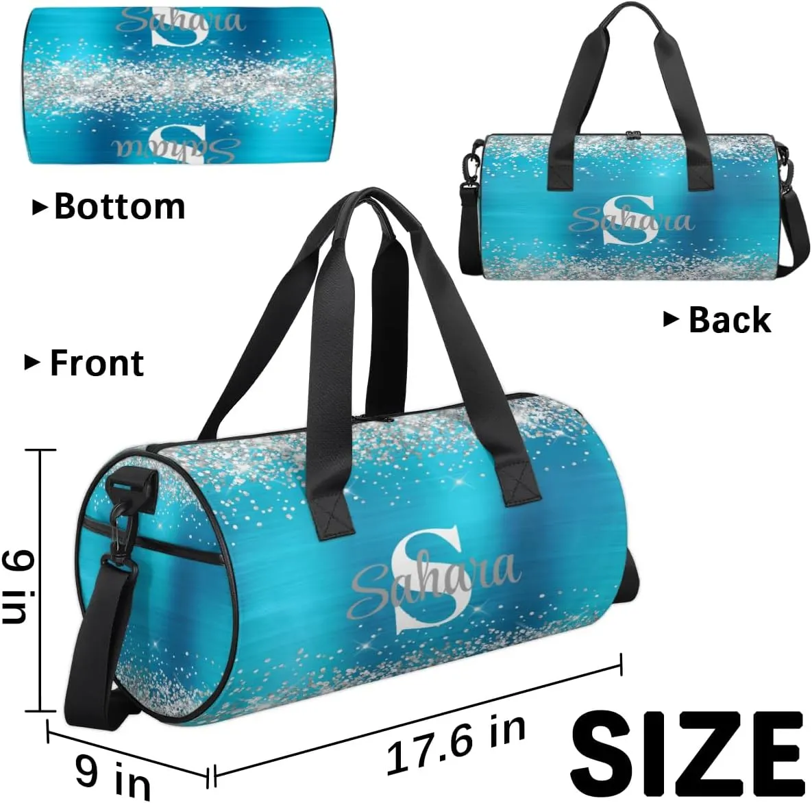 Personalized Glitter Dance Bag Duffle Bag for Girl, Custom Gymnastics Cheerleader Bag Travel Bag Sport Gym Bag Weekender Bags with Adjustable Silver Glitter Light Blue