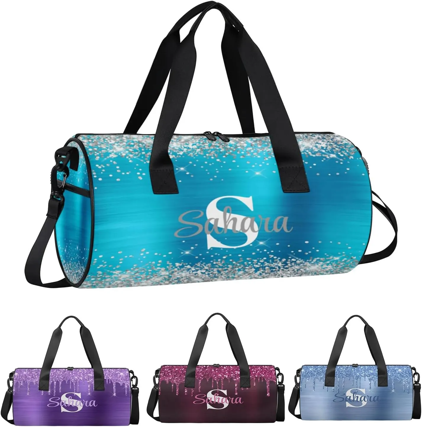 Personalized Glitter Dance Bag Duffle Bag for Girl, Custom Gymnastics Cheerleader Bag Travel Bag Sport Gym Bag Weekender Bags with Adjustable Silver Glitter Light Blue