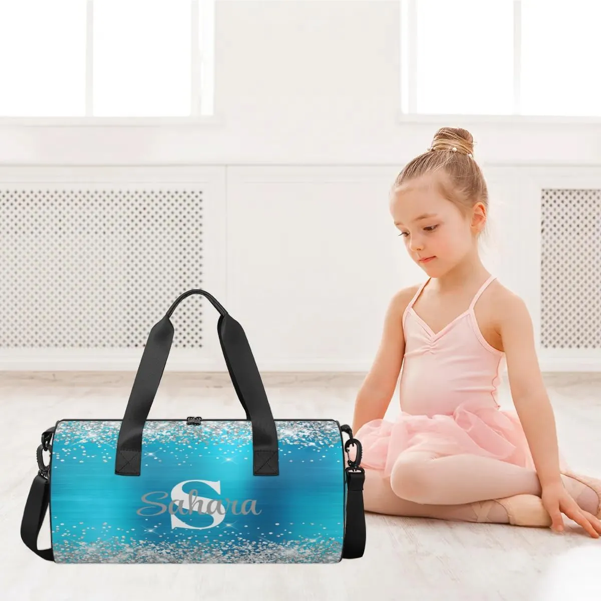 Personalized Glitter Dance Bag Duffle Bag for Girl, Custom Gymnastics Cheerleader Bag Travel Bag Sport Gym Bag Weekender Bags with Adjustable Silver Glitter Light Blue