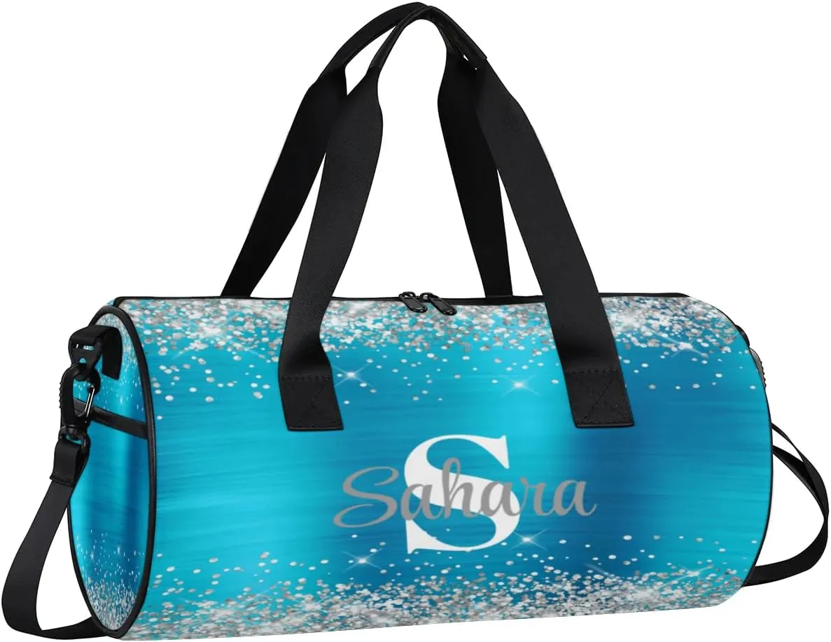 Personalized Glitter Dance Bag Duffle Bag for Girl, Custom Gymnastics Cheerleader Bag Travel Bag Sport Gym Bag Weekender Bags with Adjustable Silver Glitter Light Blue