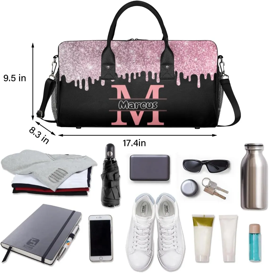 Personalized Initial Sports Bag Travel Duffel Bags with Name, Custom Gym Bag for Adults, Overnight Weekend Bags, Fluid Dance Bag, Personalized Gifts, Other Glitter