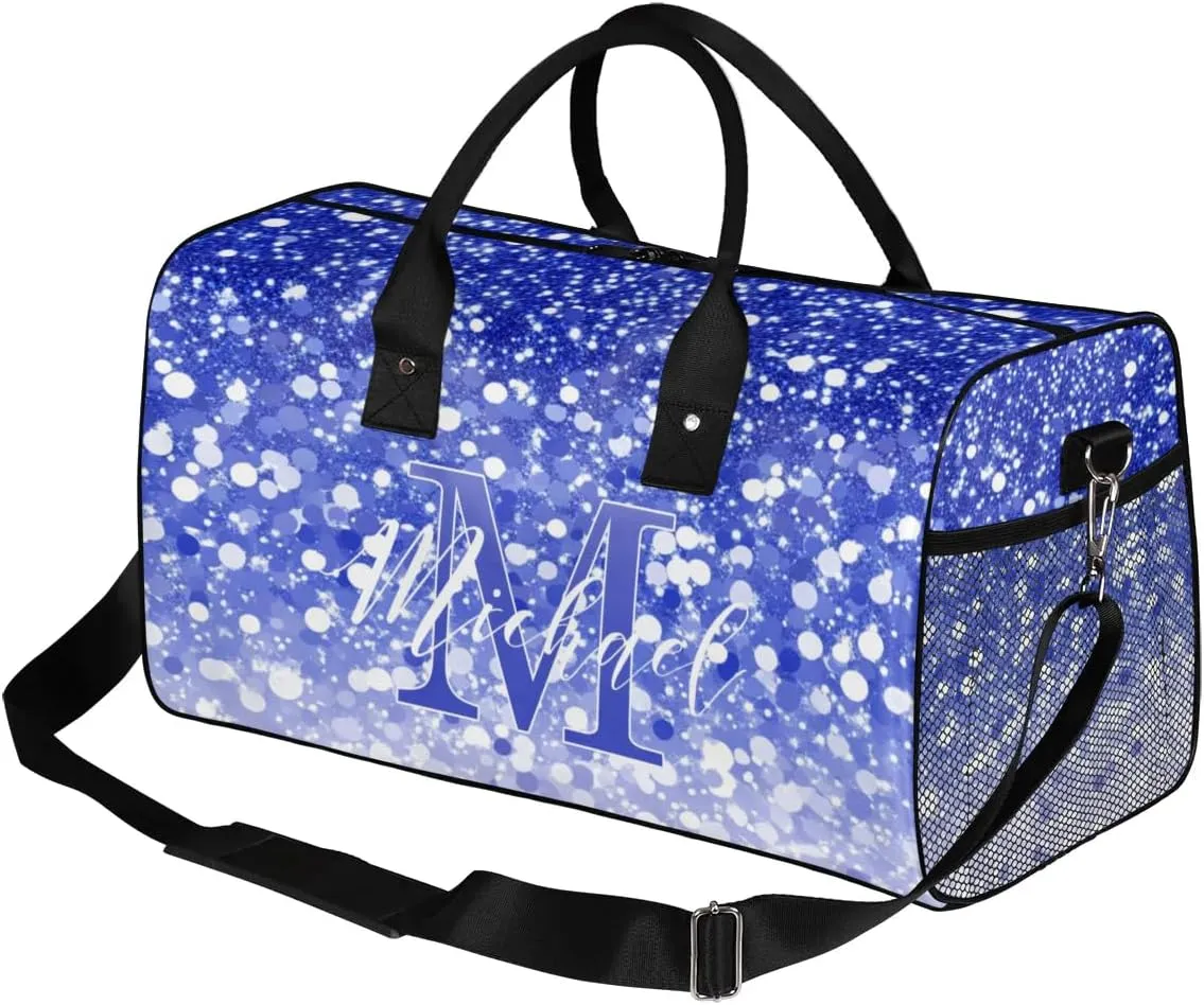 Personalized Initial Travel Duffel Bag with Name, Custom Gym Bag Sport Bag Weekender Overnight Bag for Women Men, Dark Blue White Glitter