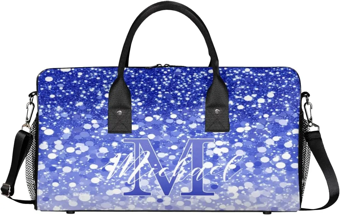 Personalized Initial Travel Duffel Bag with Name, Custom Gym Bag Sport Bag Weekender Overnight Bag for Women Men, Dark Blue White Glitter