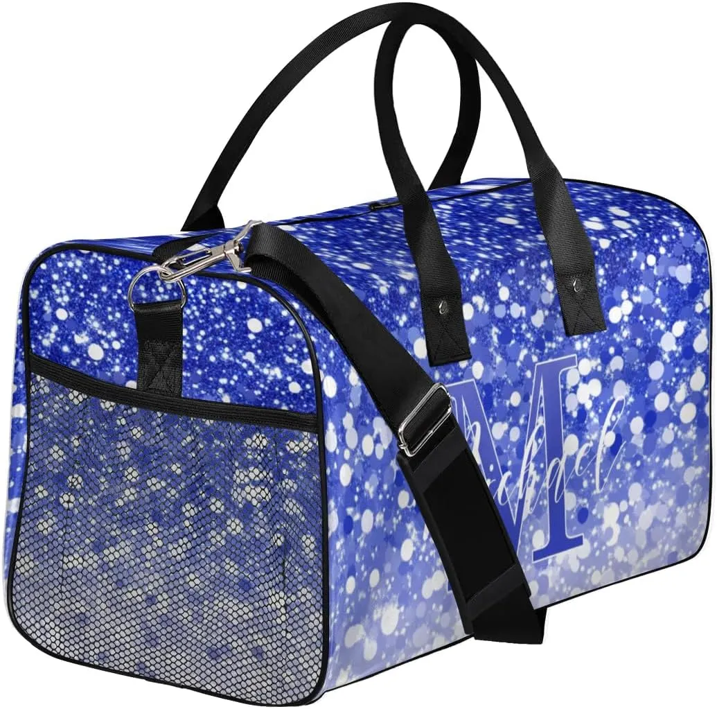 Personalized Initial Travel Duffel Bag with Name, Custom Gym Bag Sport Bag Weekender Overnight Bag for Women Men, Dark Blue White Glitter