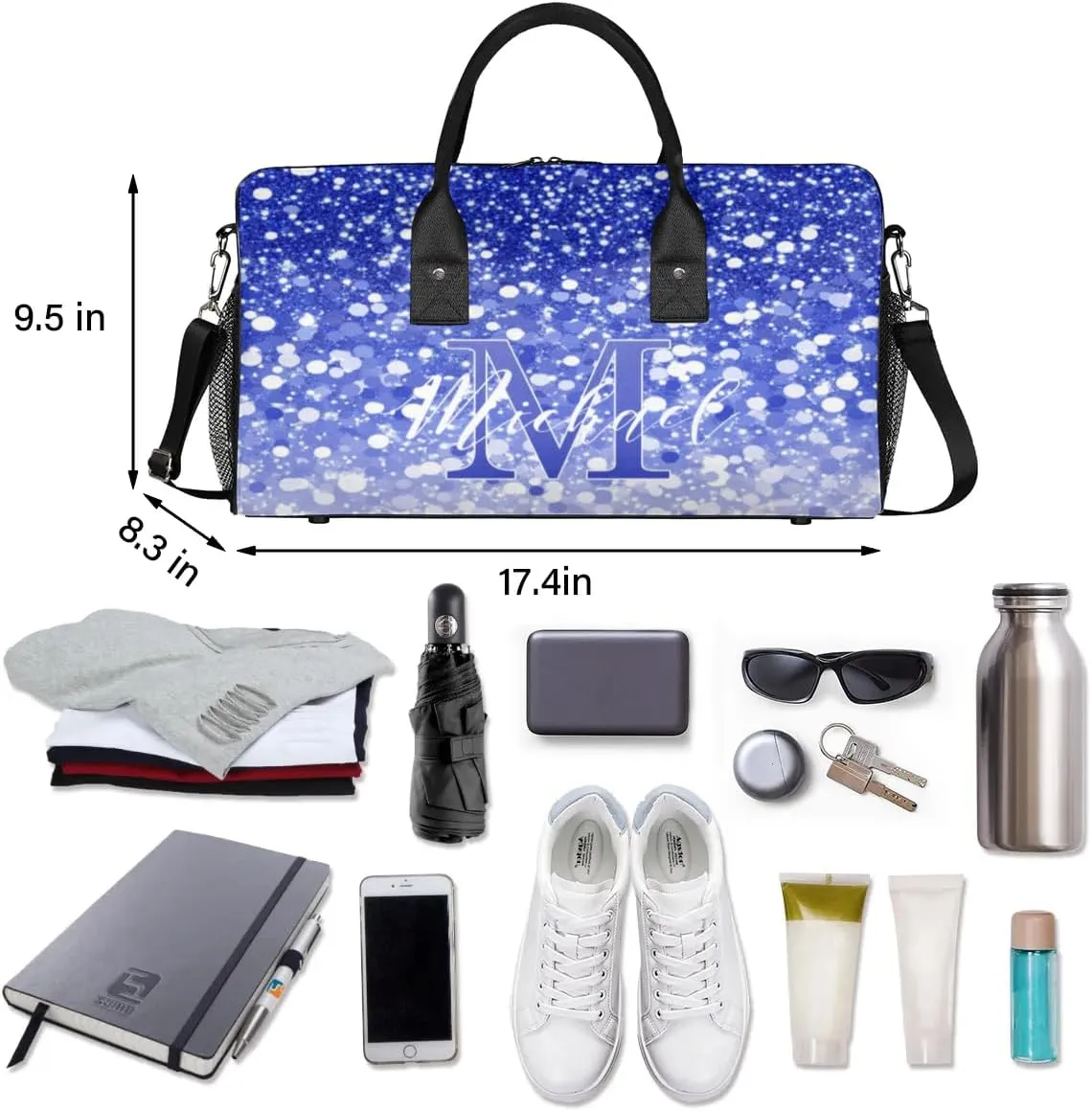 Personalized Initial Travel Duffel Bag with Name, Custom Gym Bag Sport Bag Weekender Overnight Bag for Women Men, Dark Blue White Glitter