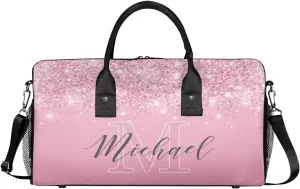 Personalized Initial Travel Duffel Bag with Name, Custom Gym Bag Sport Bag Weekender Overnight Bag for Women Men, Pink Glitter