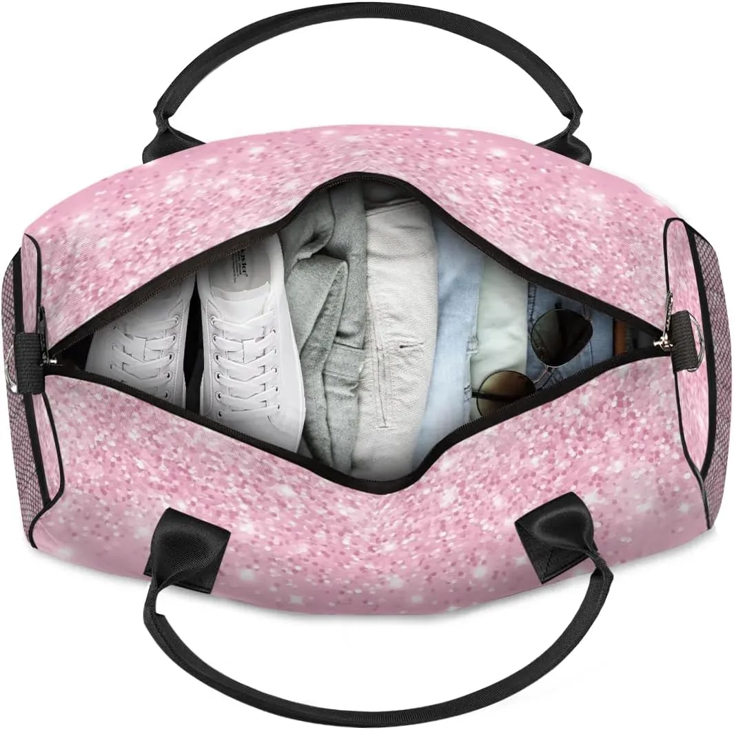 Personalized Initial Travel Duffel Bag with Name, Custom Gym Bag Sport Bag Weekender Overnight Bag for Women Men, Pink Glitter