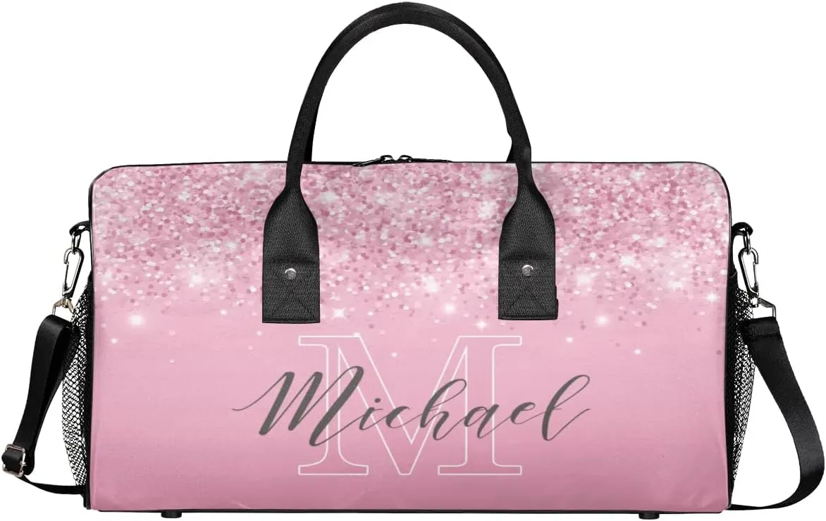Personalized Initial Travel Duffel Bag with Name, Custom Gym Bag Sport Bag Weekender Overnight Bag for Women Men, Pink Glitter