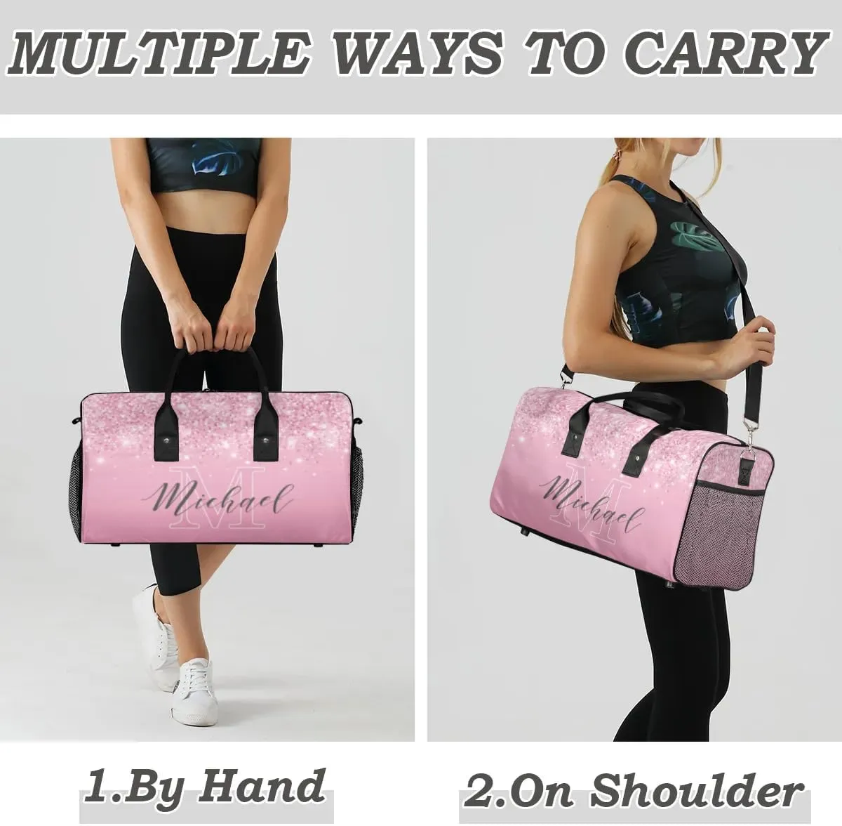 Personalized Initial Travel Duffel Bag with Name, Custom Gym Bag Sport Bag Weekender Overnight Bag for Women Men, Pink Glitter