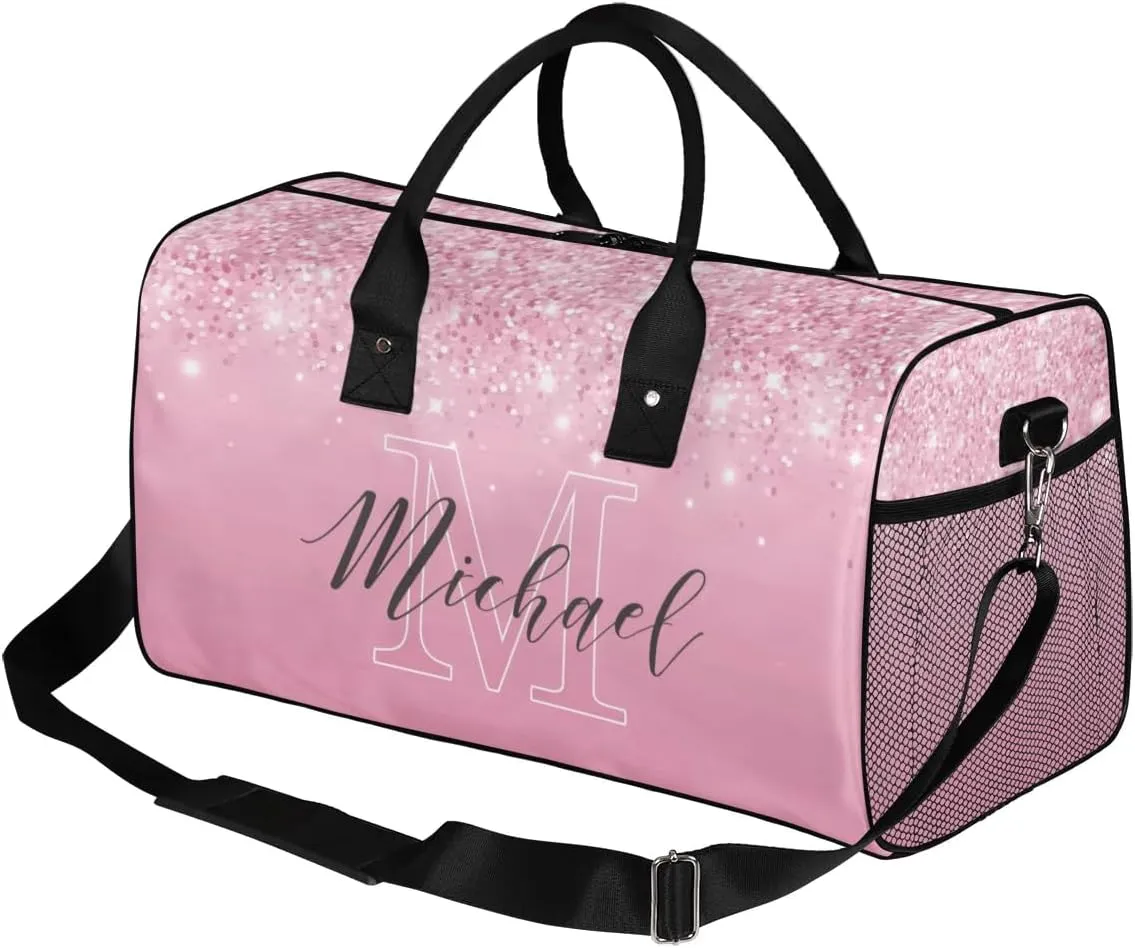 Personalized Initial Travel Duffel Bag with Name, Custom Gym Bag Sport Bag Weekender Overnight Bag for Women Men, Pink Glitter