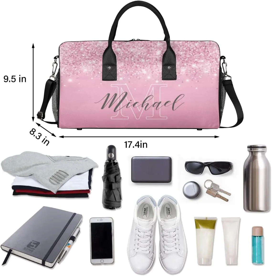 Personalized Initial Travel Duffel Bag with Name, Custom Gym Bag Sport Bag Weekender Overnight Bag for Women Men, Pink Glitter