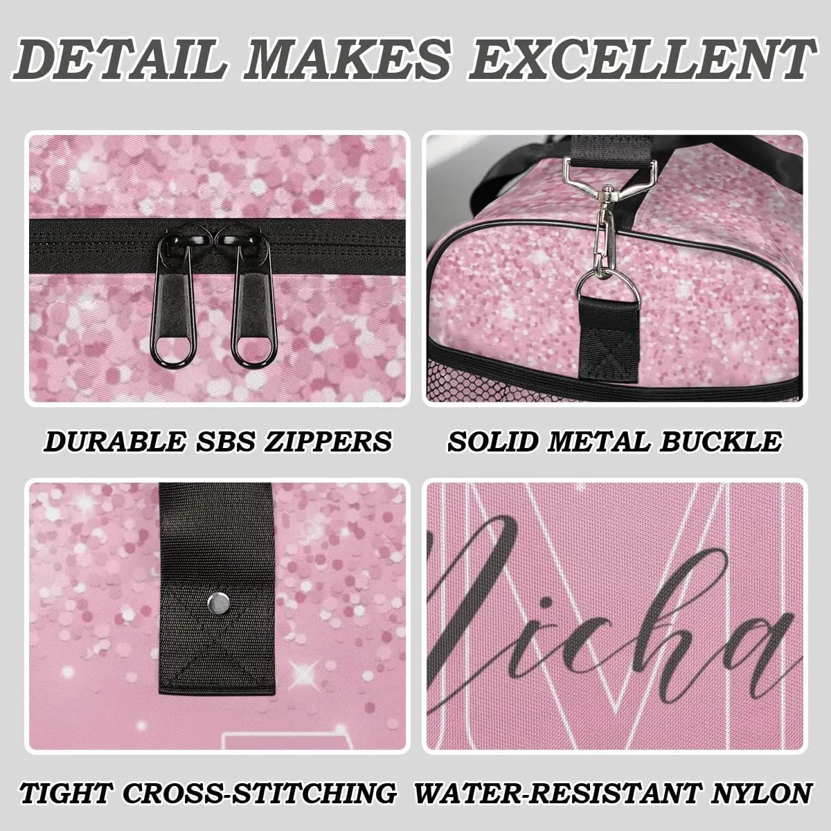 Personalized Initial Travel Duffel Bag with Name, Custom Gym Bag Sport Bag Weekender Overnight Bag for Women Men, Pink Glitter