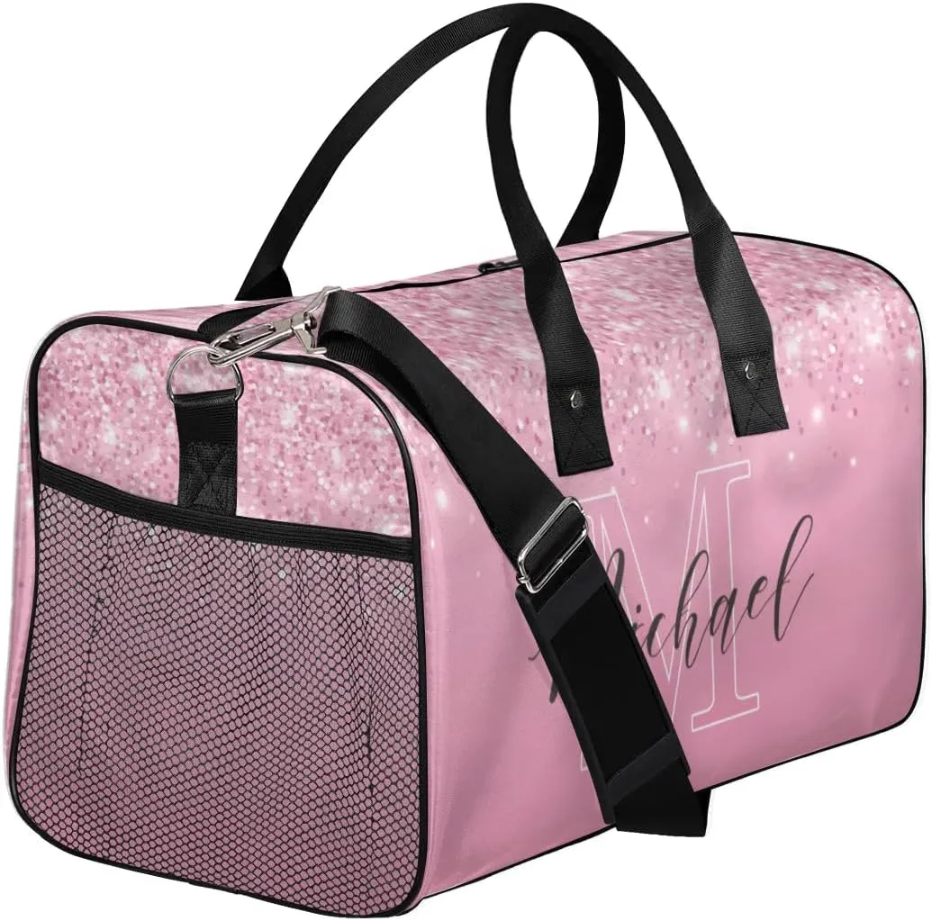Personalized Initial Travel Duffel Bag with Name, Custom Gym Bag Sport Bag Weekender Overnight Bag for Women Men, Pink Glitter