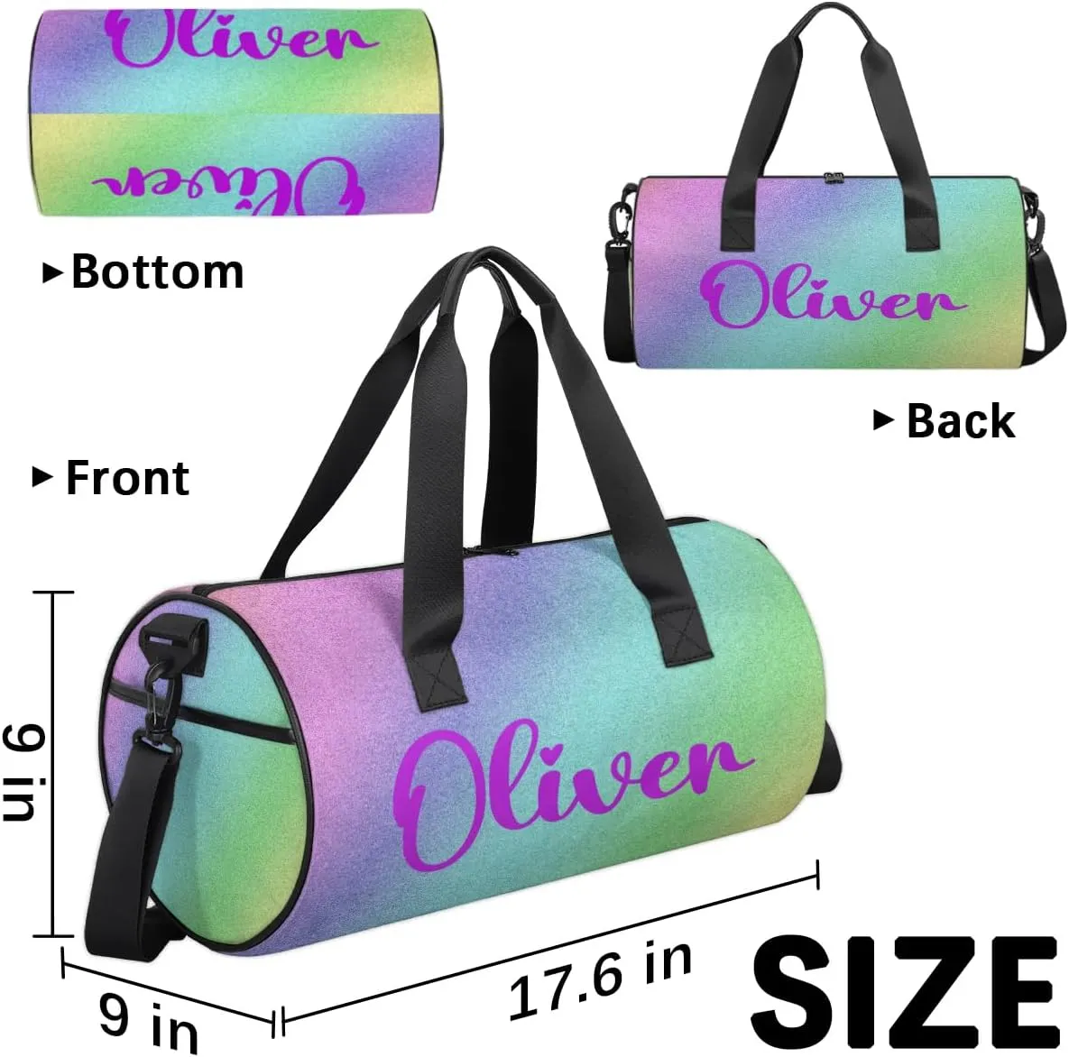 Personalized Kids Gym Bag Sport Bag Duffel Bag for Girl Boy, Custom Gymnastics Dance Travel Bag Weekender Bags with Adjustable Colorful Glitter