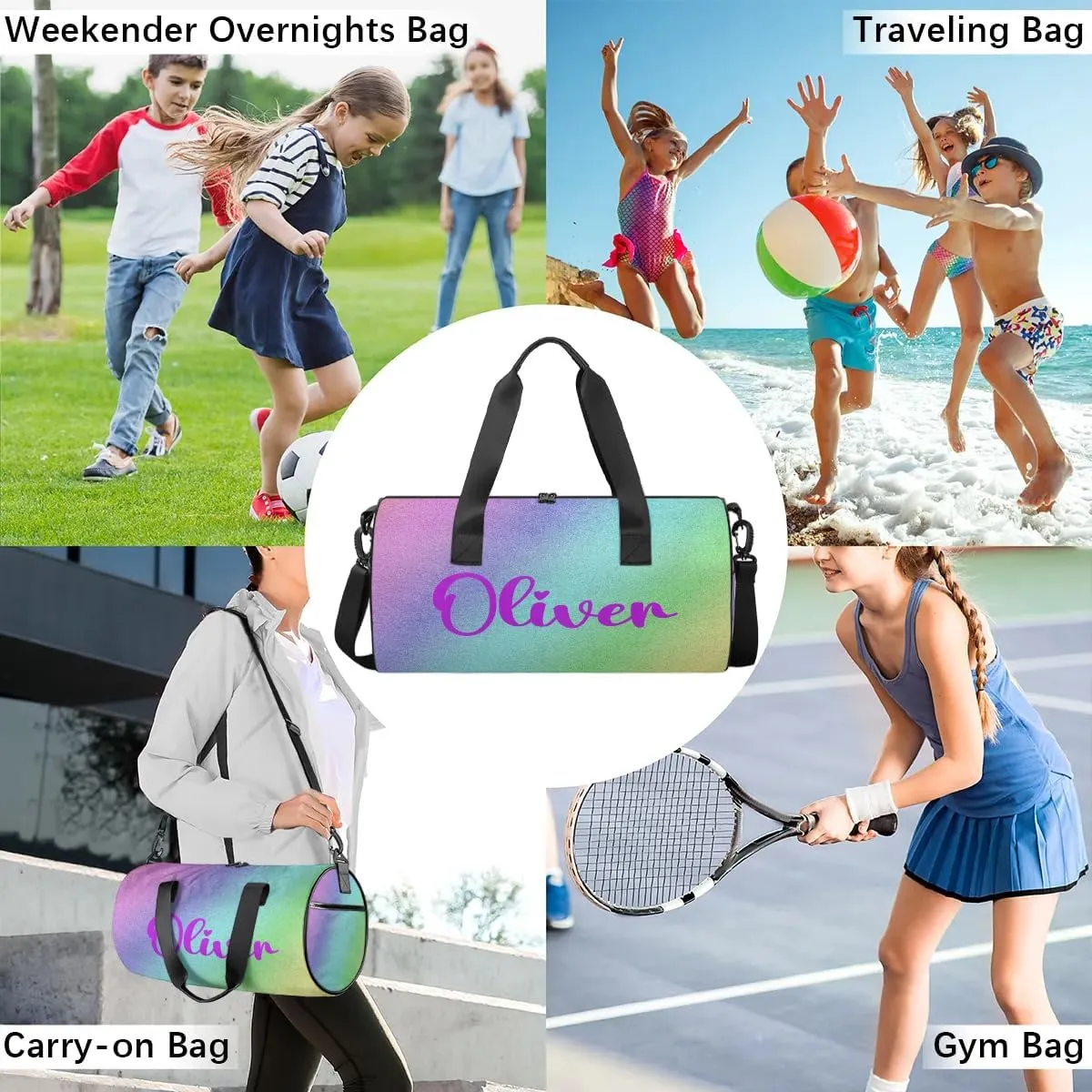 Personalized Kids Gym Bag Sport Bag Duffel Bag for Girl Boy, Custom Gymnastics Dance Travel Bag Weekender Bags with Adjustable Colorful Glitter