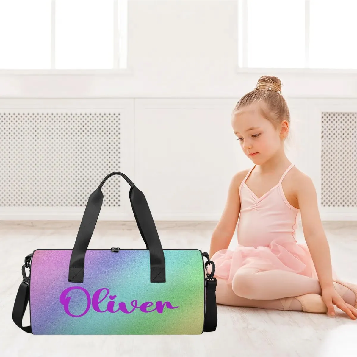 Personalized Kids Gym Bag Sport Bag Duffel Bag for Girl Boy, Custom Gymnastics Dance Travel Bag Weekender Bags with Adjustable Colorful Glitter