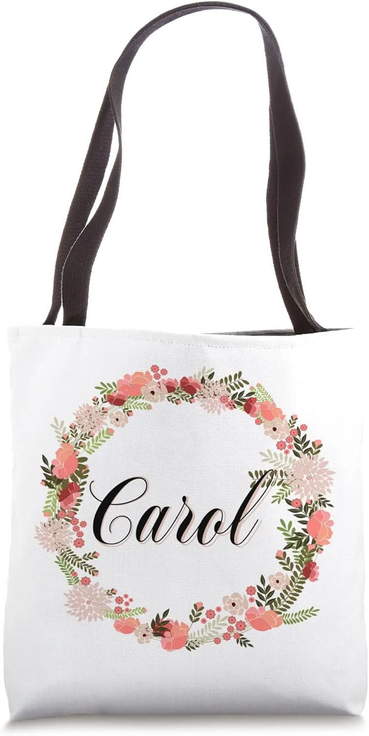 Personalized Name Carol Floral Flourish Bridesmaid Shopping Tote Bag