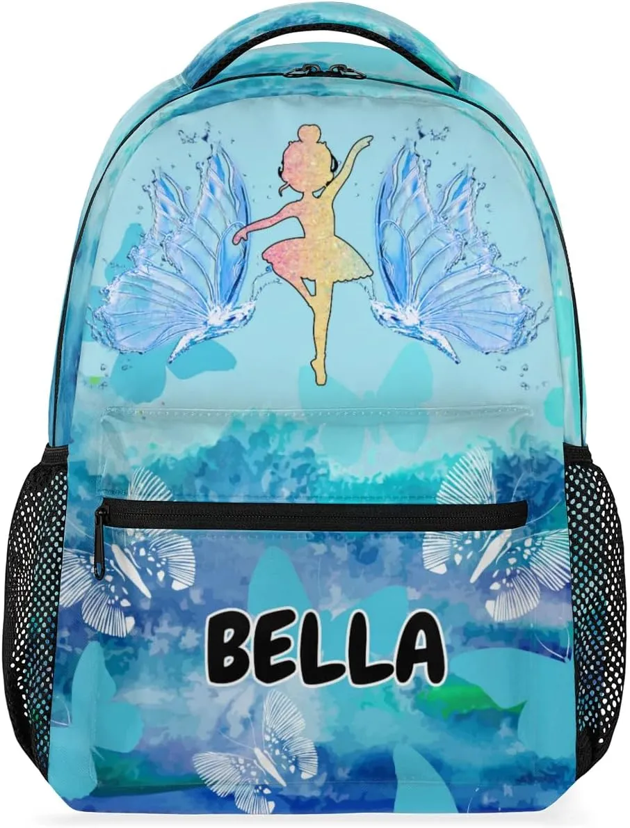 Personalized Name Dance Backpack Bag Daypack Travel Training Backpacks for Women Watercolor Painted Blue Butterflies