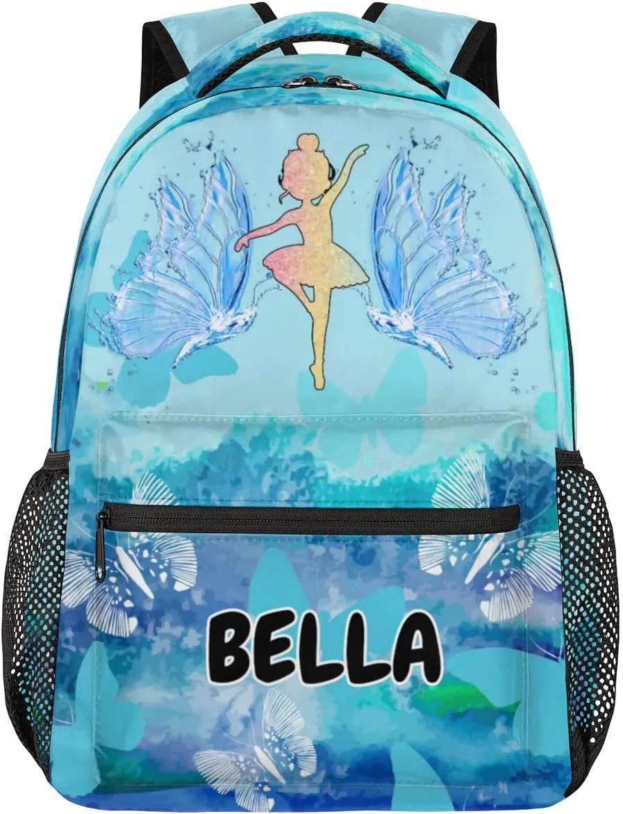 Personalized Name Dance Backpack Bag Daypack Travel Training Backpacks for Women Watercolor Painted Blue Butterflies