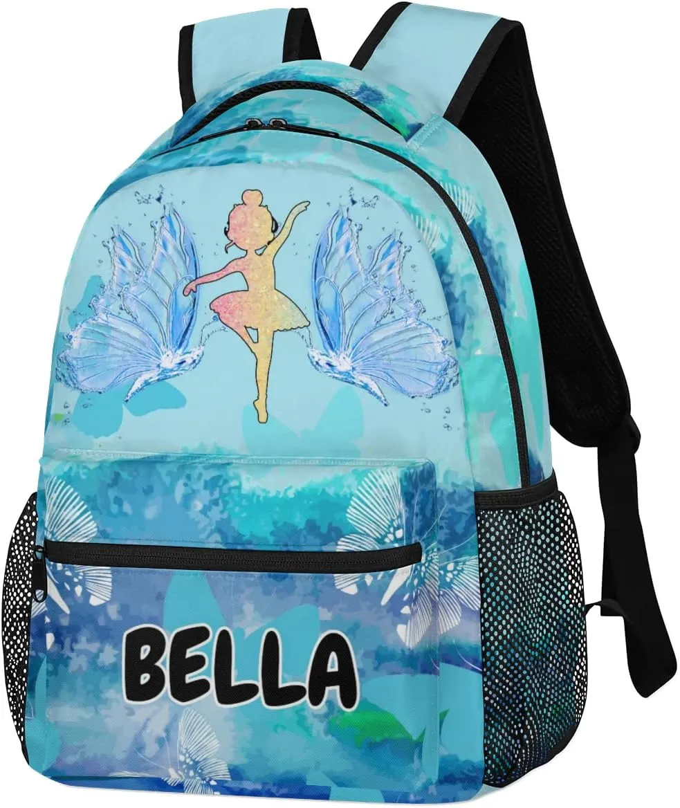 Personalized Name Dance Backpack Bag Daypack Travel Training Backpacks for Women Watercolor Painted Blue Butterflies