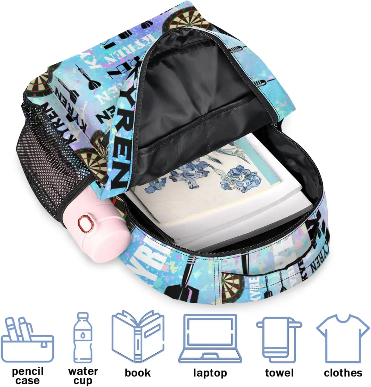 Personalized Name Darts Backpack, Custom Sports Bag Backpack for Men Women, Laptop Backpacks Travel Camping Daypack, Blue Purple