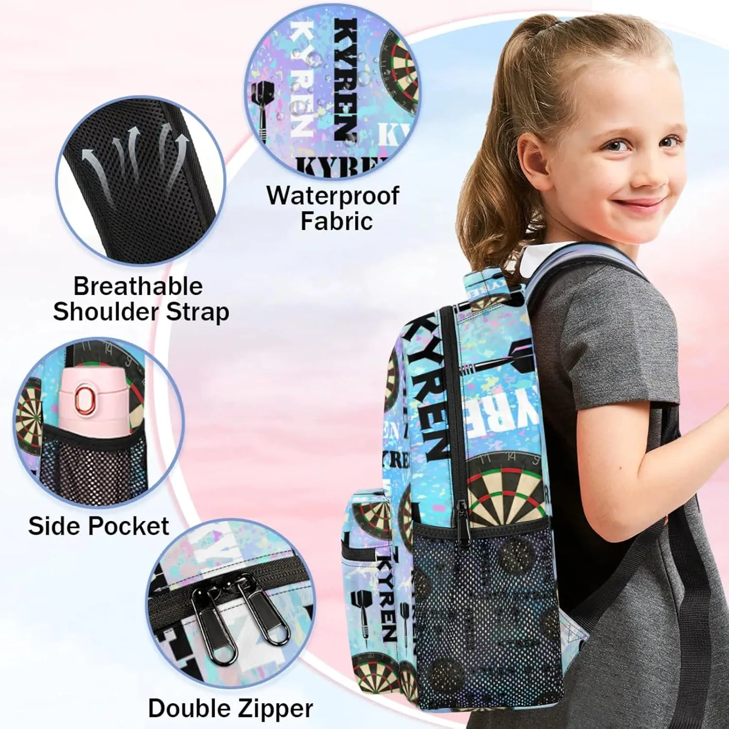 Personalized Name Darts Backpack, Custom Sports Bag Backpack for Men Women, Laptop Backpacks Travel Camping Daypack, Blue Purple